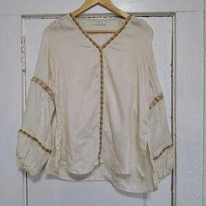 Spartina Embroidered Cupro Ivory V-Neck Balloon Sleeve Blouse, Women's M